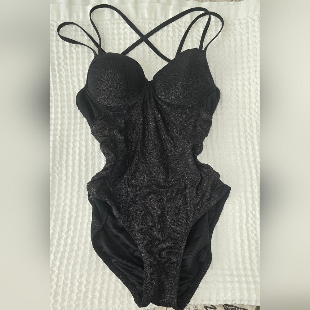 SPANX Gilded Glam Black Strappy One-Piece Swimsuit, Size 6 B/C